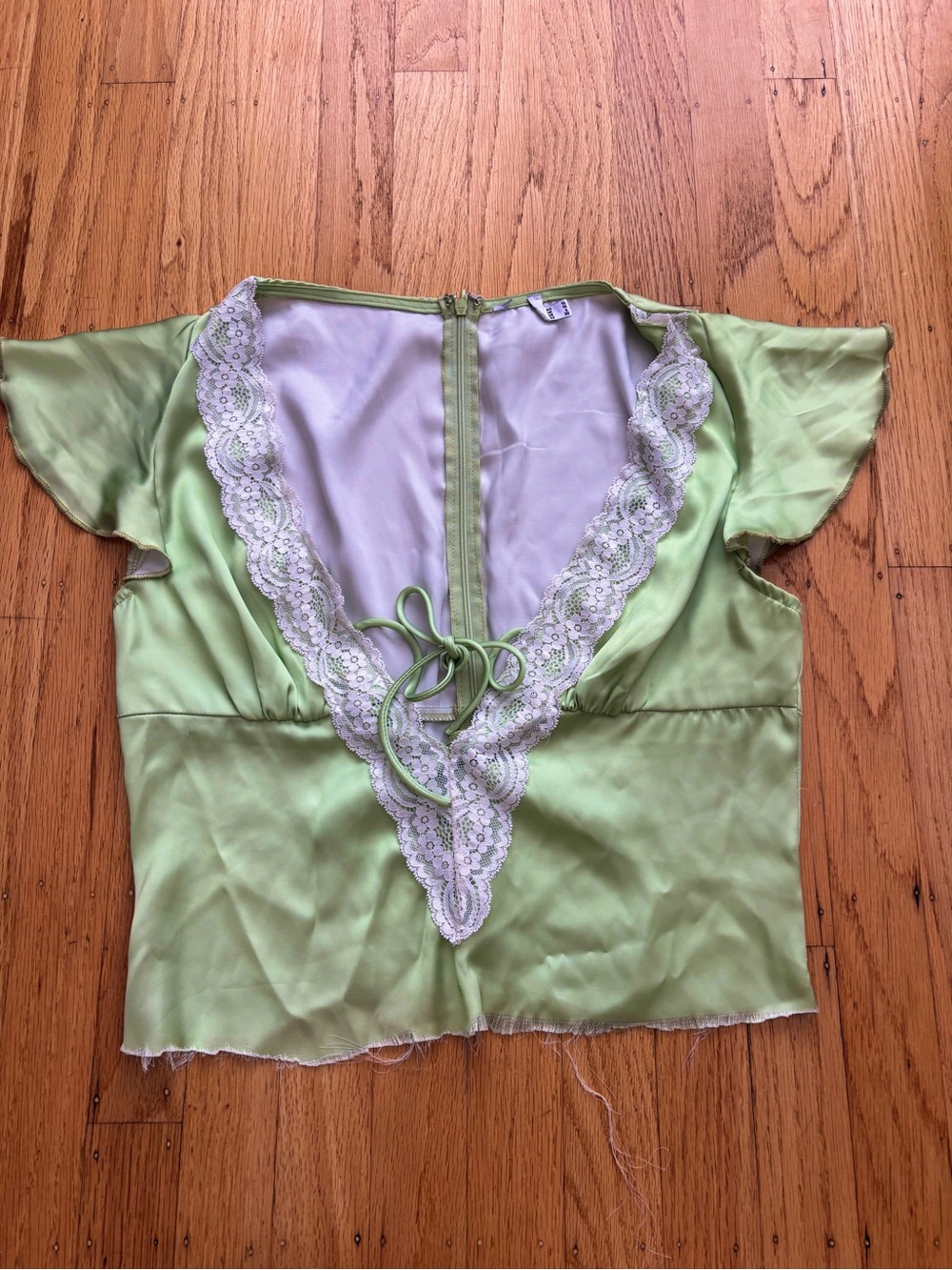 Lace-Trim Satin V-Neck Top in Light Green
